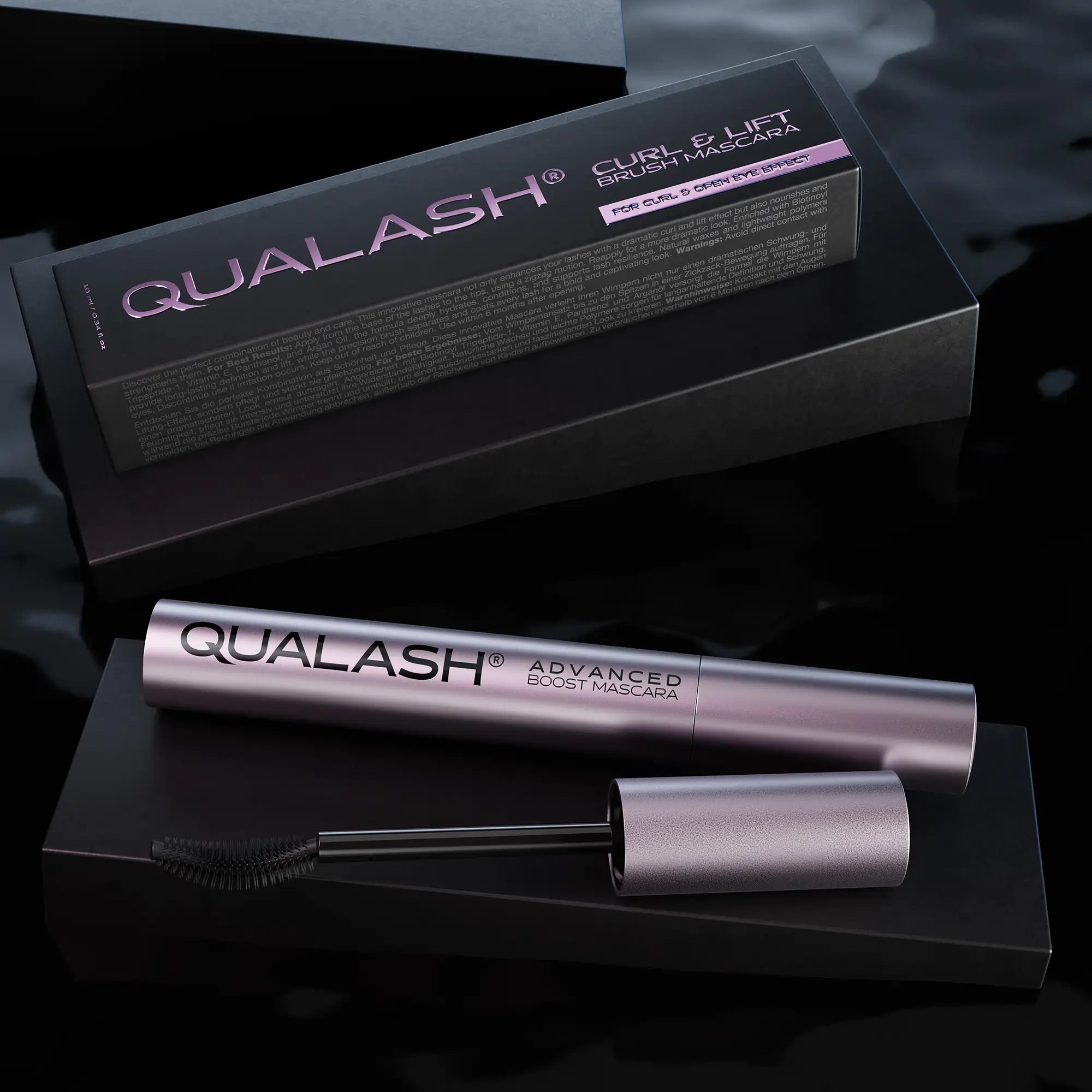 QUALASH Curl & Lift Mascara with curved brush and retail box in black setting