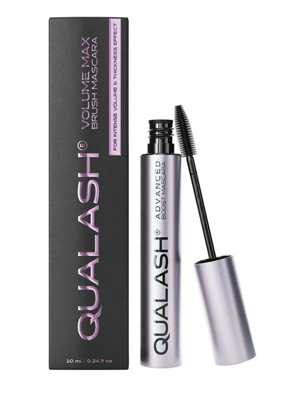Open QUALASH® Advanced Mascara Volume Max 10 ml with product box and visible curved brush